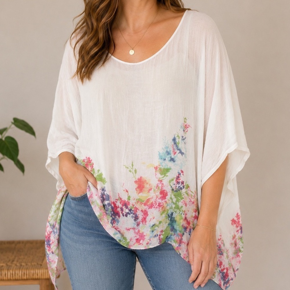 Elena Baldi Italy 100% Silk Floral Tunic Top M Lagenlook Artsy Boho Blouse